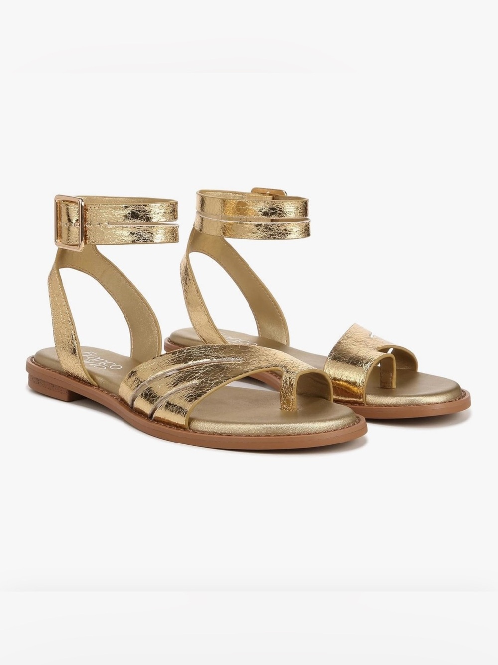 Franco Sarto Gold Metallic Ankle-Strap Flat Sandals